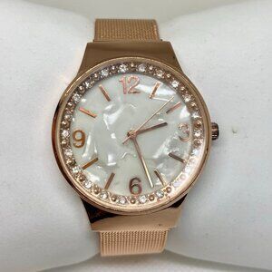 Women’s rose gold tone watch 35mm round case quartz analog mesh band running